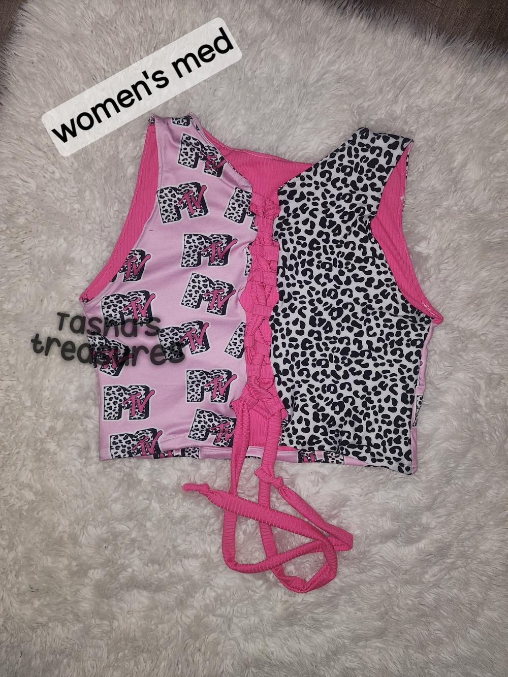 MTV Pink Leopard-Print Lace-Up Crop Tank Top Handmade Medium